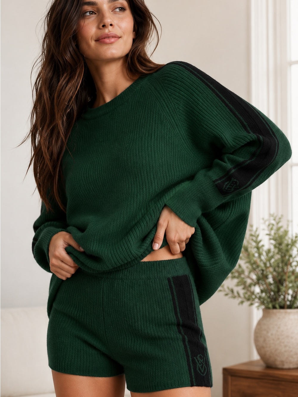 Victoria's Secret 100% Cashmere Forest Green and Black Ribbed Knit Lounge Set XL